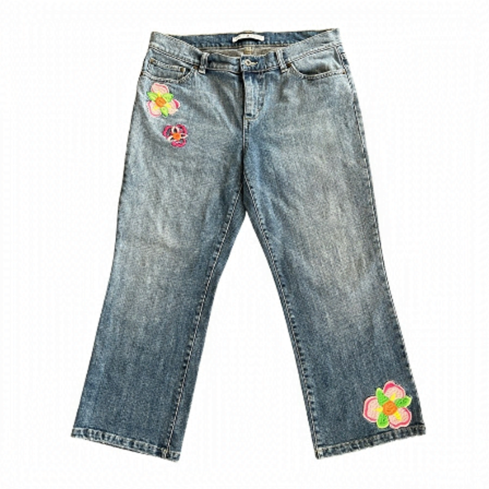 Y2K Tommy Hilfiger Wide Leg Patch Denim Cropped Jeans Size 10